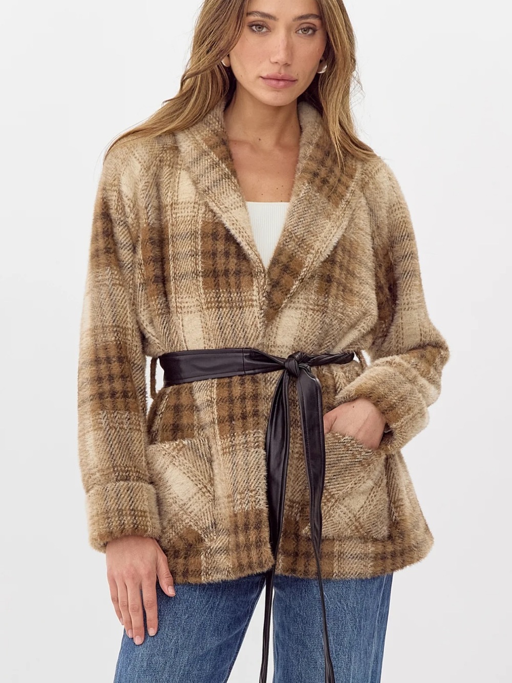Greylin Hudson Tan Brown Plaid Shawl Collar Cozy Knit Sweater Jacket Size XS